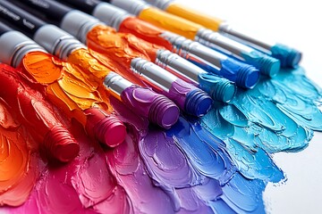 a vibrant array of paintbrushes coated in colorful acrylic paints
