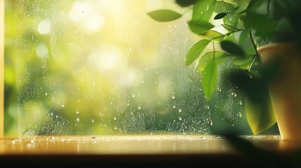 Wall Mural -   A potted plant rests atop a window sill, adjacent to droplets-covered glass