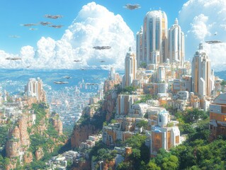 Poster - Futuristic cityscape with advanced architecture and flying vehicles.