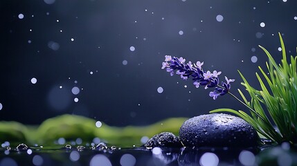 Wall Mural -   A purple flower sits atop a rock, beside grass and a nearby puddle of water