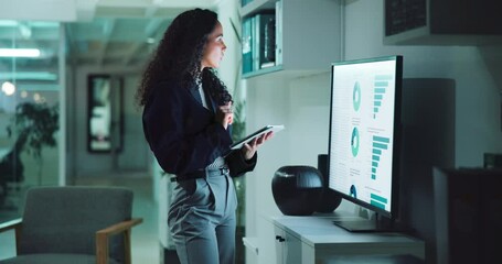 Poster - Woman, tablet and thinking for financial analysis with screen, report and business growth stats. Female person, technology and office for charts, metrics and problem solving as data analyst at night