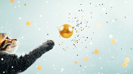 Wall Mural -  A feline frolicking with a gilded sphere amidst a powdery white backdrop and cascading golden decorations