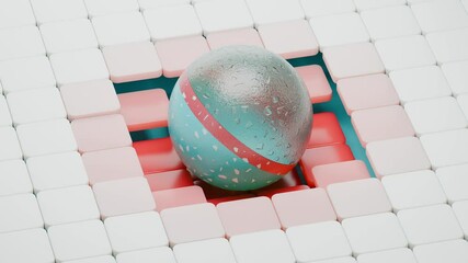 Poster - Looping 3D animation of a translucent sphere rolling across tiles that sink under the sphere and change color. Abstract 3d animation