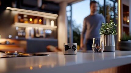 Poster - technology entrepreneur launching smart home iot product in modern kitchen environment for enhanced 