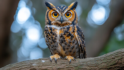 A large owl is perched on a tree branch, looking directly at the camera. The image has a serene and peaceful mood, as the owl appears to be calmly observing its surroundings