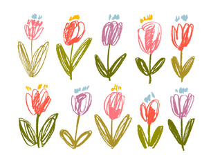 Aufkleber - Colorful crayon drawn tulip flower collection. Hand drawn doodle flowers with stems and leaves.