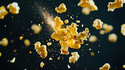 Wall Mural -   A detailed close-up photo of multiple popcorn grains popping and swirling in mid-air, creating an explosion of fallen kernels