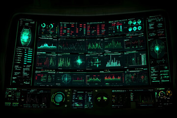 Poster - Futuristic control panel with multiple screens displaying data and graphs.