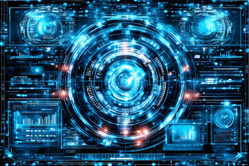 Poster - Futuristic digital interface with glowing circles and data.