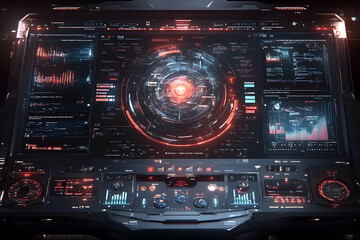 Poster - Futuristic digital interface with red and blue glowing elements, displaying various data and graphs on a dark background.