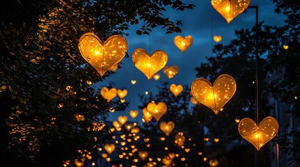 Wall Mural -   A string of heart-shaped lanterns adorn a tree in the park during twilight, casting radiant heart-shaped light