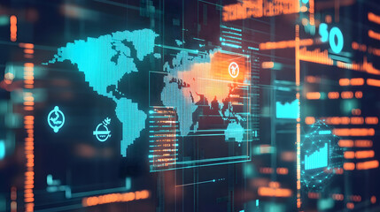 Poster - Global network data visualization with world map and digital interface elements.