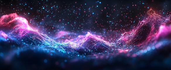 Wall Mural - abstract glowing neon mountain-like network with vibrant pink and blue nodes against a dark starry b