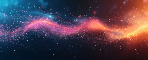 Wall Mural - shimmering orange and pink particle wave flowing through a blue-black cosmic background