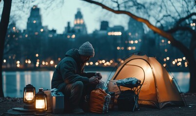 Poster - Man camping outdoors at night. AI.