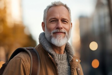 Wall Mural - Mature man smiles confidently during autumn stroll in city, showcasing beard and warm attire