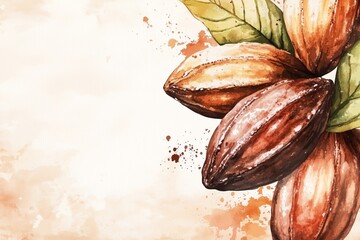 Wall Mural - Watercolor illustration of cacao beans in brown tones. Banner, background, and texture concept for organic food, chocolate production, and natural products. Cocoa. Copy space