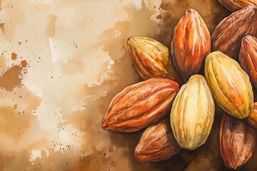 Wall Mural - Watercolor illustration of cacao beans in brown tones. Banner, background, and texture concept for organic food, chocolate production, and natural products. Cocoa. Copy space