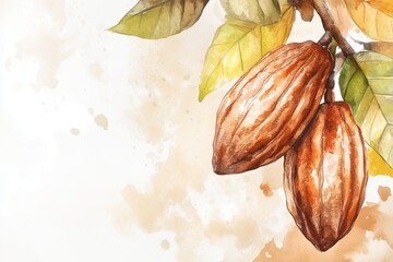 Wall Mural - Watercolor illustration of cacao beans in brown tones. Banner, background, and texture concept for organic food, chocolate production, and natural products. Cocoa. Copy space