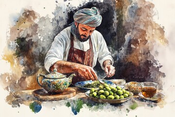 Wall Mural - watercolor Man Preparing Traditional Middle Eastern Food with Green Olives and Teapot. 