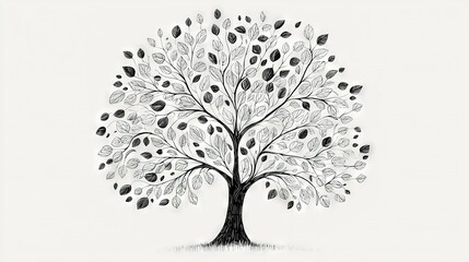 Wall Mural -   A monochrome illustration depicting a large tree laden with foliage and featuring a bird perched at its summit