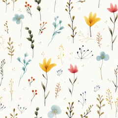 Naklejka na meble Watercolor floral pattern, seamless design with various flowers and plants on white background.