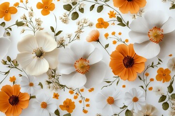 Canvas Print - Vibrant floral pattern featuring orange, white, and yellow flowers on a light background