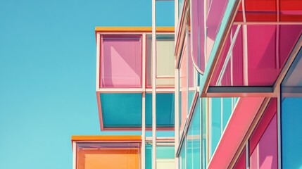 Canvas Print - Colorful modern architecture featuring stacked glass boxes against a blue sky.