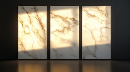 Wall Mural - Three marble panels illuminated by sunlight against a dark wall.