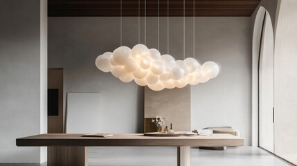 Wall Mural - Modern interior featuring a cloud-shaped chandelier above a wooden table.