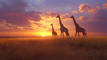 Sticker - Three giraffes silhouetted against a colorful sunset in a grassy landscape.