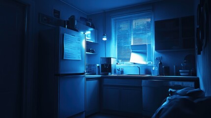 Wall Mural - A dimly lit kitchen with blue lighting, showcasing appliances and a window.