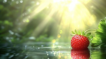 Wall Mural - A fresh strawberry resting on water with sunlight filtering through greenery.