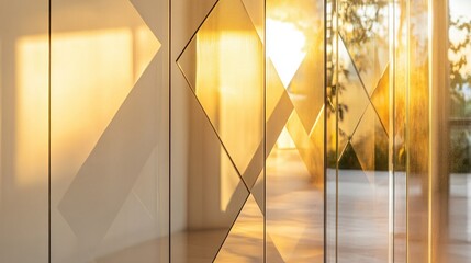 Wall Mural - A sunlit interior with geometric glass panels casting reflections.