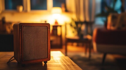 Wall Mural - A cozy living room scene featuring a vintage speaker on a wooden table.