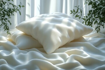 Wall Mural - A soft, white pillow on a smooth fabric background with gentle light and greenery.