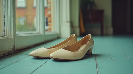 Wall Mural - A pair of elegant beige high-heeled shoes placed on a wooden floor near a window.