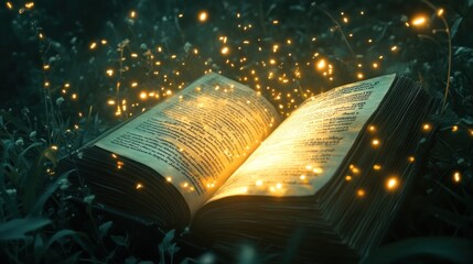 Canvas Print - An open book surrounded by glowing particles in a serene, grassy environment.