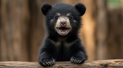 Wall Mural - Adorable Asiatic black bear cub with open mouth, paws on wood.