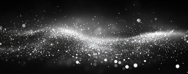 Wall Mural - Glittering particles wave on black background.