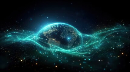 Wall Mural - Glowing Earth surrounded by teal energy waves in space.