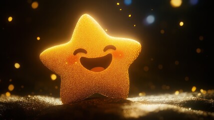 Wall Mural - Happy glowing cartoon star on dark background with sparkles.
