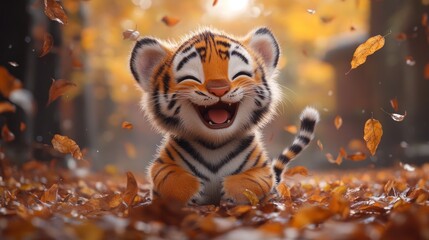 Wall Mural - Happy tiger cub laughing amidst falling autumn leaves.