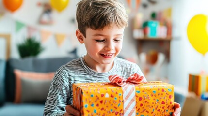 Wall Mural - Happy boy opening birthday gift at home party.