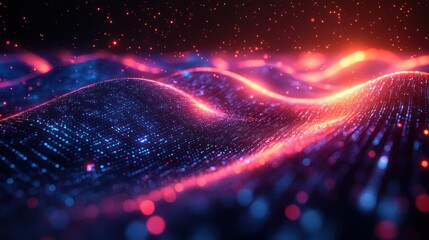 Wall Mural - abstract digital wave with glowing particles, red and blue hues.