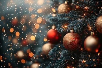 Wall Mural - Close-up of a decorated Christmas tree with red and gold ornaments, sparkling lights, and falling snow.