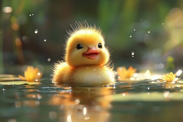 Wall Mural - Cute fluffy duckling swimming in pond, sunlight, water droplets.