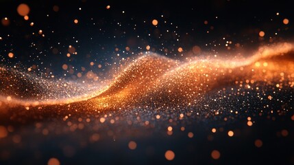 Wall Mural - Abstract glittering wave of orange and blue particles on black background.