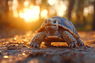 Poster - Golden Hour Tortoise: A Majestic Sunset Stroll