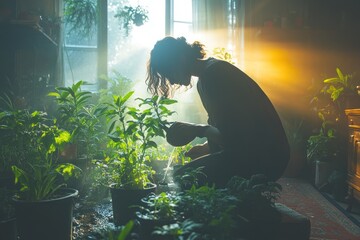 Wall Mural - Silhouette of a person watering plants in a sunlit room.